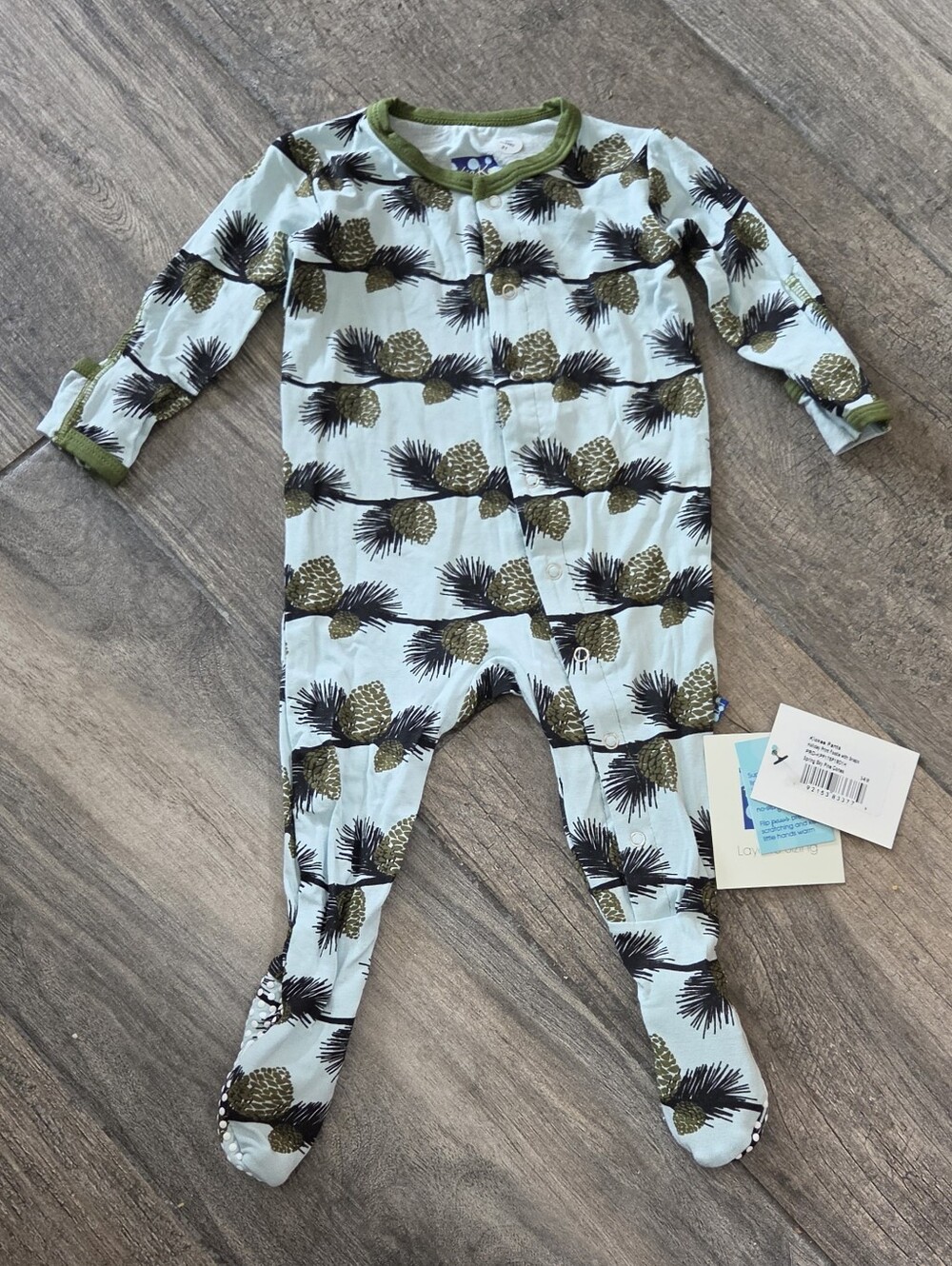 Kickee Pants NWT 3-6 Months Light Blue/Green Pine Cone Footie Romper